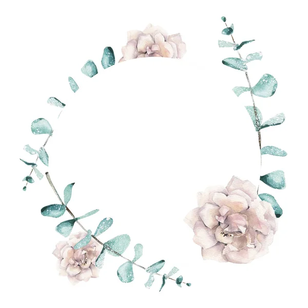 Isolated Eucalyptus Leaves White Roses Wreath Watercolor Hand Drawn Painted — Stock Photo, Image