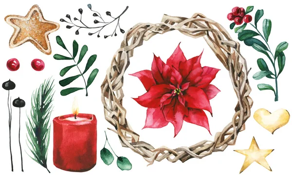 Flor roja aislada de Navidad, pan de jengibre, corona, hojas de rama, bayas, estrella, eucalipto, vela, abeto, etc.. — Archivo Imágenes Vectoriales