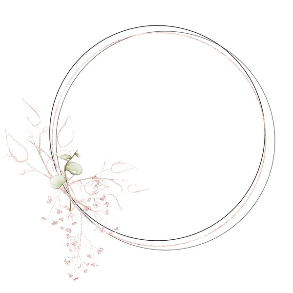 Corona floral pintada de acuarela. Arreglo con rama de eucalipto y hojas de polvo de oro rosa. — Foto de Stock