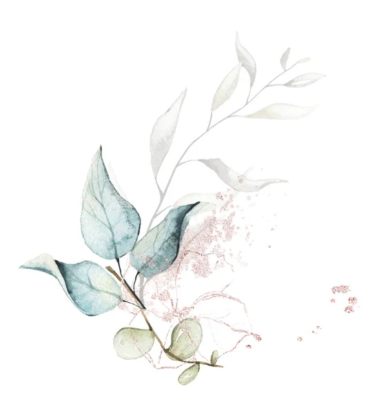Aquarell gemaltes Blumenbouque. Arrangement mit luftigem Eukalyptus, Zweigen, Blättern, rosa Goldstaub grafische Elemente. — Stockfoto