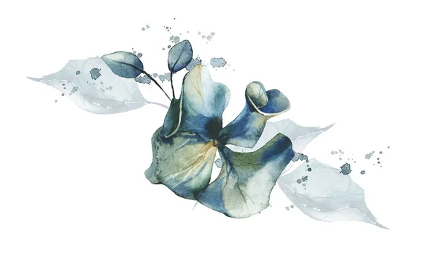 Aquarell gemaltes Blumenbouque. Arrangement mit luftigen blauen Blüten aus Hortensien, Blättern und Spritzern. — Stockfoto