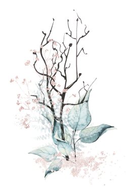 Havalı dallar, yapraklar, pembe altın tozlu grafikler..