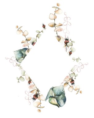 Suluboya çiçek eşkenarı çerçevesi. Okaliptüs dalları, yapraklar, çiçek ortancaları ve gül kalçası ile düzenleme.