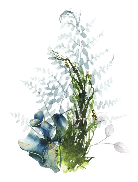 Aquarela pintado buquê floral. Arranjo com flores azuis arejadas de hortênsia, folhas de samambaia e musgo florestal. — Fotografia de Stock