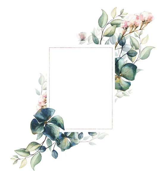 Watercolor painted floral rectangle frame. Arrangement with branches, leaves, flowers of hydrangea and limonium. — Stock Photo, Image