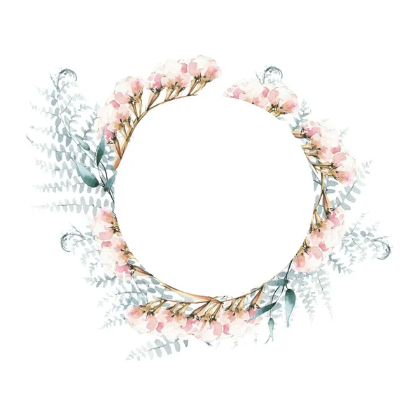 Watercolor painted floral wreath. Arrangement with fern branches, leaves and limonium. — Stock Photo, Image