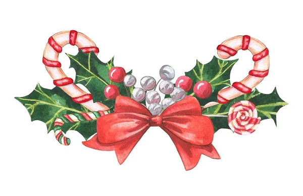 Hand drawn green Holly leaves, lollipops, red bow, rawen berries and silver balls. — Stock Photo, Image