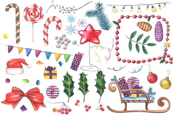 手绘绿色荷莉叶、棒棒糖、金杉玩具、浆果、枝条、礼物、灯泡、国旗花环. — 图库照片