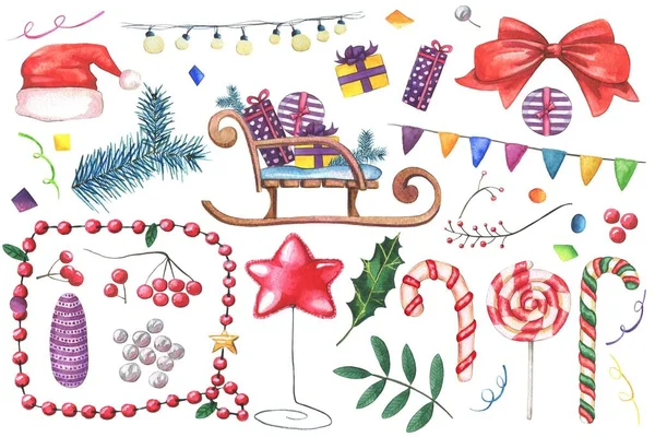 手绘绿色荷莉叶，棒棒糖，金杉玩具，树枝，礼物，灯泡，国旗花环. — 图库照片