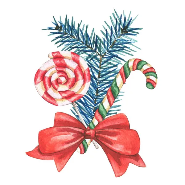 Hand drawn lollipops, red bow and blue fir-tree branch. — Stock Photo, Image
