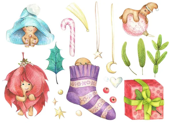 手绘可爱的姜饼男和绿松石荷莉叶，棒棒糖，金星，枞树枝，礼品盒. — 图库照片