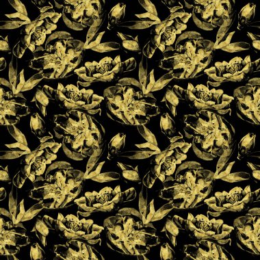 Altın tozu etkisinin kusursuz bir şekli var. Kiraz çiçekleri, tomurcukları ve yaprakları.