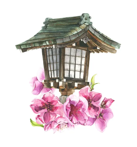 Watercolor painted vintage japanese lantern and bouquet with pink cherry blossoms. — Stock Photo, Image