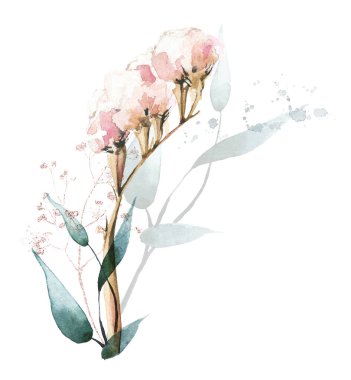 Havalı limonyum çiçekleri, dallar, yapraklar, pembe altın tozlu grafik elementlerle düzenleme.