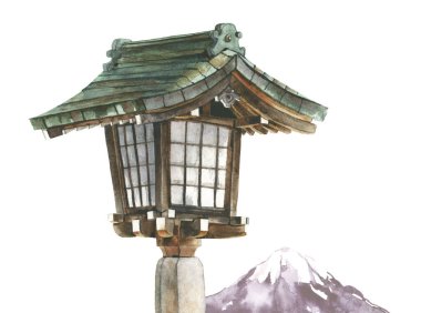 Japon feneri ve Fuji Dağı boyalı suluboya.