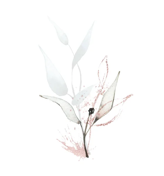 Arrangement with branches, leaves, pink gold dust graphic elements. — Stock Photo, Image