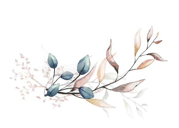 Arrangement with branches, leaves, pink gold dust graphic elements. — Stock Photo, Image