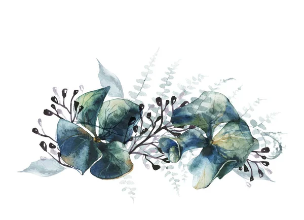 アジサイ、シダの葉、黒枝の風通しの良い青い花とのアレンジメント. — ストック写真