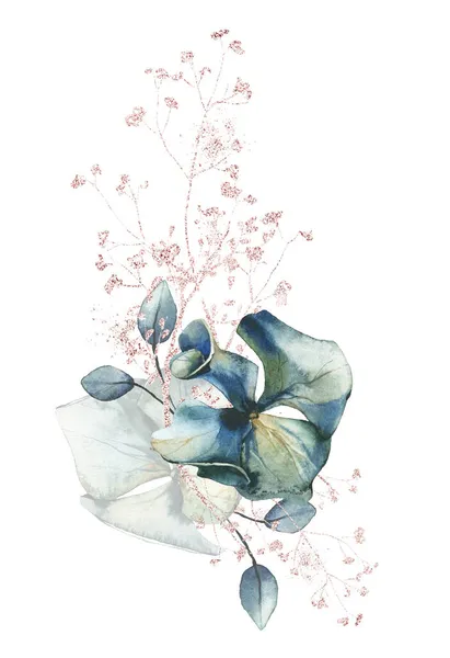 Akvarel malovaný květinovou kyticí. Větve, listy, květy hortenzie a linie růžové zlaté třpytivé prvky. — Stock fotografie