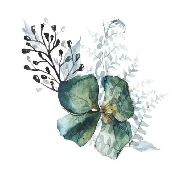 水彩花花束。アジサイ、シダの葉、黒枝の風通しの良い青い花とのアレンジメント. — ストック写真