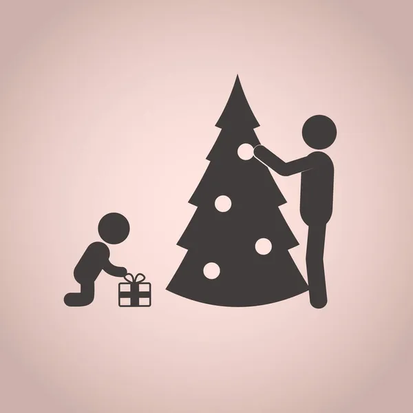 Stokmens geeft het kind een geschenk en versieren fir-tree. — Stockvector