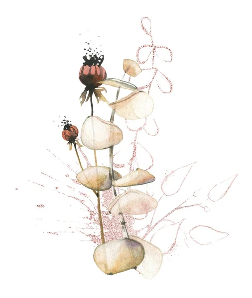 Aquarell bemalter Blumenstrauß. Arrangement mit Eukalyptuszweig, Blättern, rosa Goldstaub grafische Elemente — Stockfoto