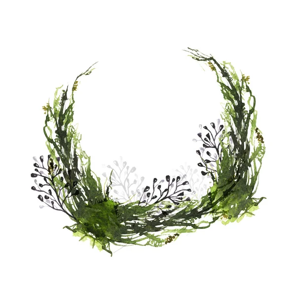 Watercolor painted floral wreath. Arrangement with black branches and forest green moss. — Stock Photo, Image