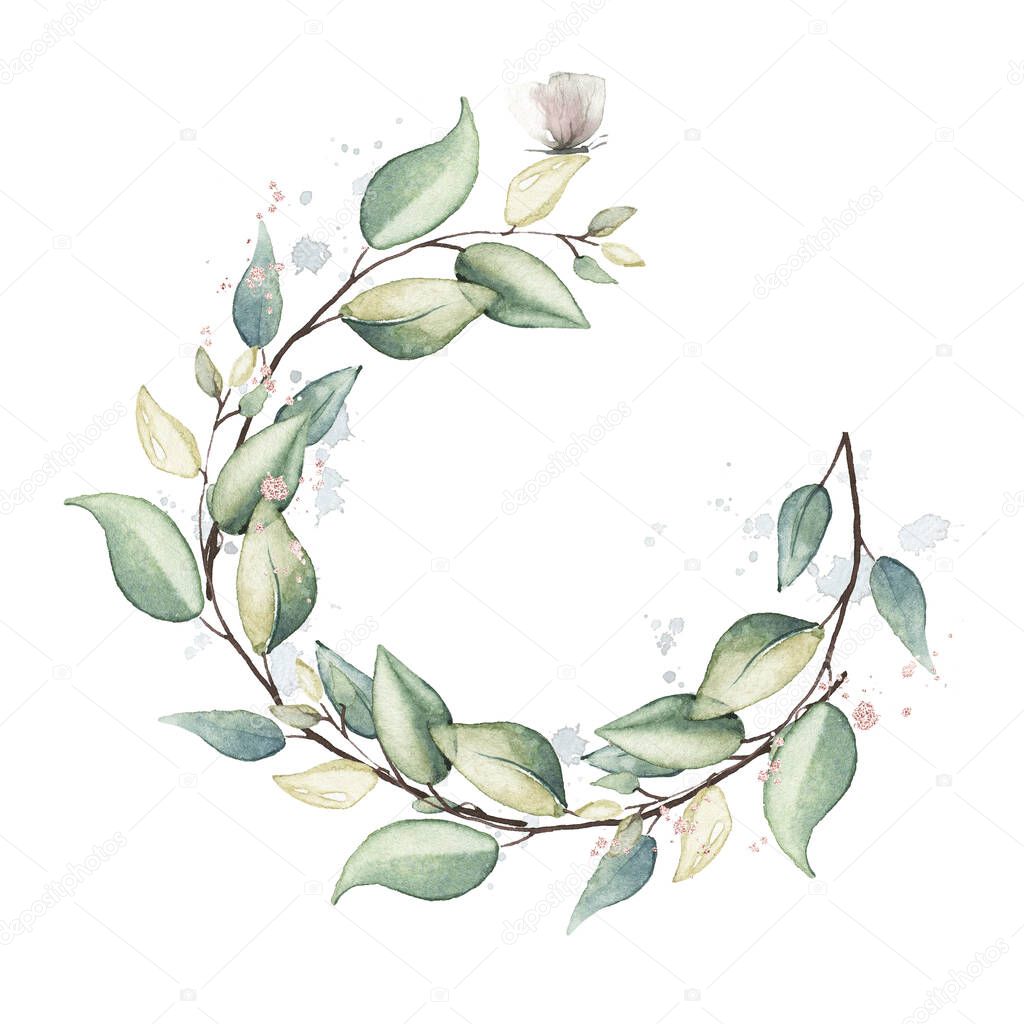 Watercolor painted floral wreath on white background. branches and leaves.