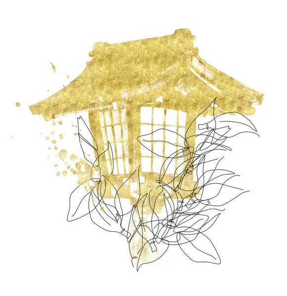 Ligne dessinée à la main art et texture dorée lanterne japonaise et disposition des feuilles. Illustration isolée — Photo