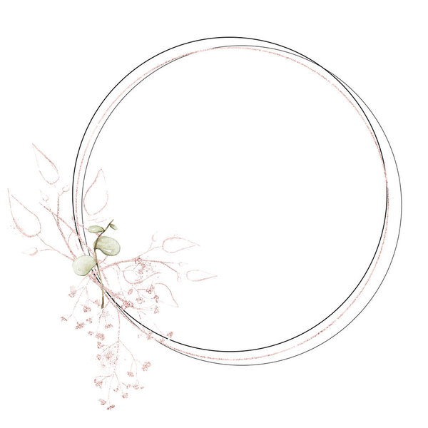 Watercolor painted floral wreath on white background. Eucalyptus branch and pink gold dust leaves.