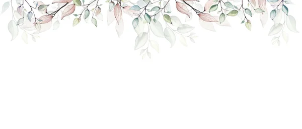 Akvarel maloval květinový rám na bílém pozadí. Uspořádání s větvemi a listy. — Stock fotografie