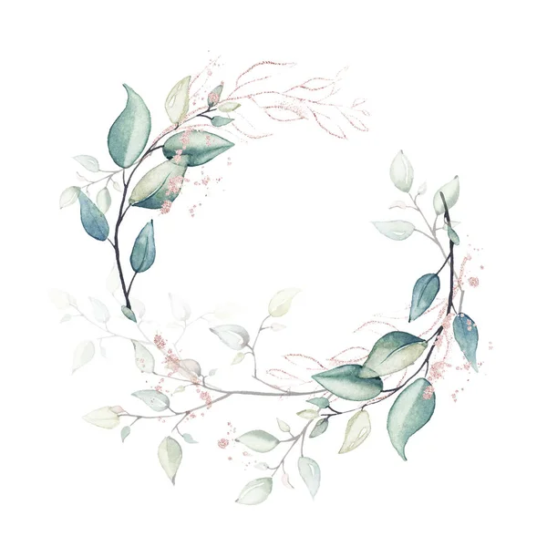 Υδατογραφία ζωγραφισμένο λουλουδένιο στεφάνι σε λευκό φόντο. κλαδιά και φύλλα. — Φωτογραφία Αρχείου