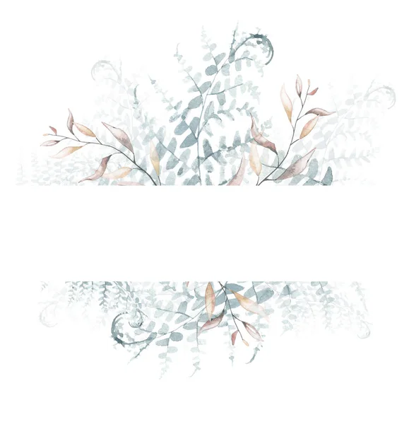 Watercolor painted floral border frame on white background. Arrangement with branches, leaves, blue fern.