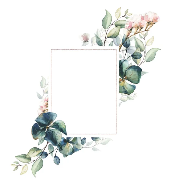 Акварель рисовала цветочный прямоугольник на белом фоне. Ветви, листья, цветы гортензии и лимония. — стоковое фото