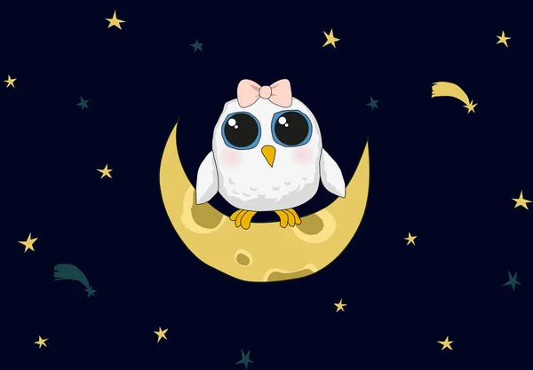 Cute white baby owl is sitting on the moon. Night background with stars. — Stockfoto