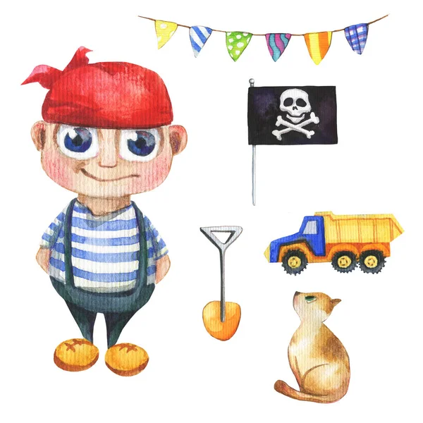 A cute and little boy who looks like a pirate. Set of boy, flag garland, black flag, truck, cat and shovel. — Stockfoto