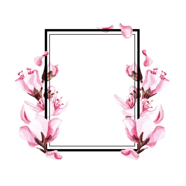 Hand drawn watercolor rectangle line frame with sakura flowers. — Stock Photo, Image