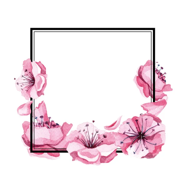 Ręcznie rysowane akwarela kwadratowa linia rama z sakura kwiaty. — Zdjęcie stockowe