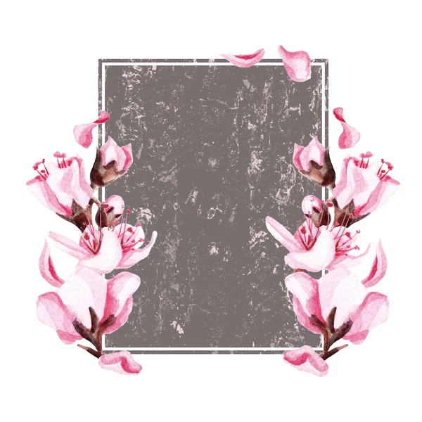 Hand drawn watercolor rectangle textured frame with sakura flowers. — Stock Photo, Image