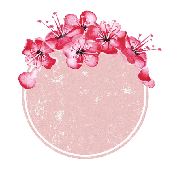 Hand drawn watercolor round textured frame with sakura flowers. — Stock Photo, Image