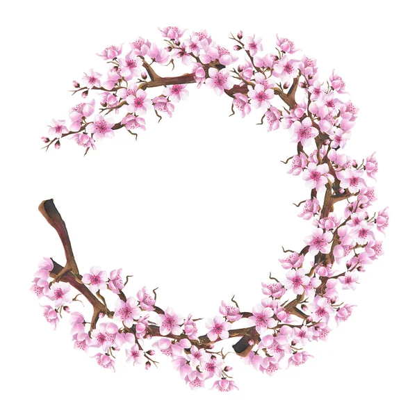 Ręcznie rysowane akwarela romantyczny wieniec z różowymi sakura kwiaty. — Zdjęcie stockowe