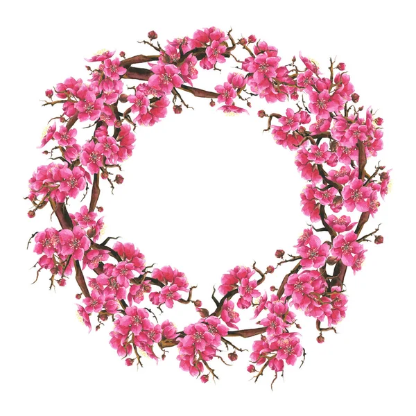 Hand drawn watercolor romantic wreath with pink sakura flowers. — Stock Photo, Image