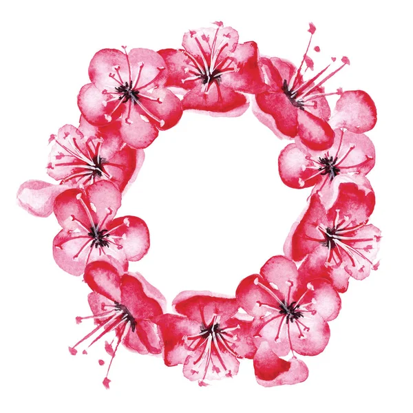 Hand drawn watercolor romantic wreath with pink sakura flowers. — Stock Photo, Image