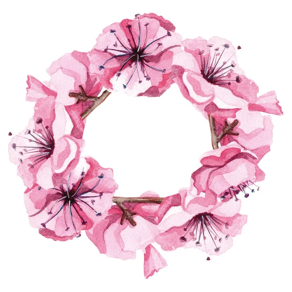 Hand drawn watercolor romantic wreath with pink sakura flowers. — стоковое фото