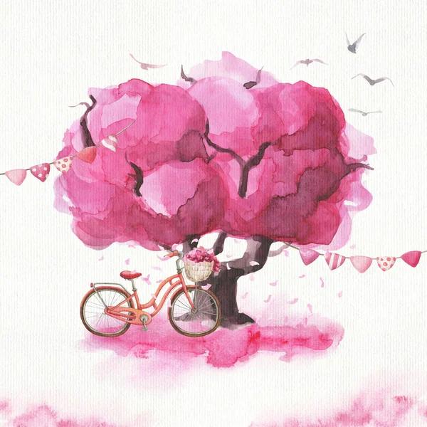 Hand drawn watercolor romantic sakura tree, bicycle and flag garlands. — Fotografia de Stock