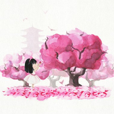 El yapımı suluboya küçük Japon kız ve sakura ağaçları, taç yaprakları ve Pagoda..