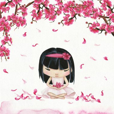 El çizimi suluboya Japon kızı meditasyon yapıyor ve sakura çiçekleri ve uçan taç yapraklarıyla dallanıyor..