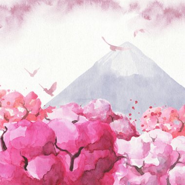 El çizimi suluboya Japon manzarası. Sakura ağaçları, Fuji Dağı ve kuş siluetleri.. 
