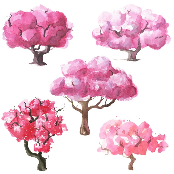 Ručně kreslené akvarel romantické sakura stromy set. — Stock fotografie