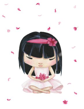 El yapımı suluboya Japon kızı ve uçan pembe sakura çiçekleri meditasyon yapar..
